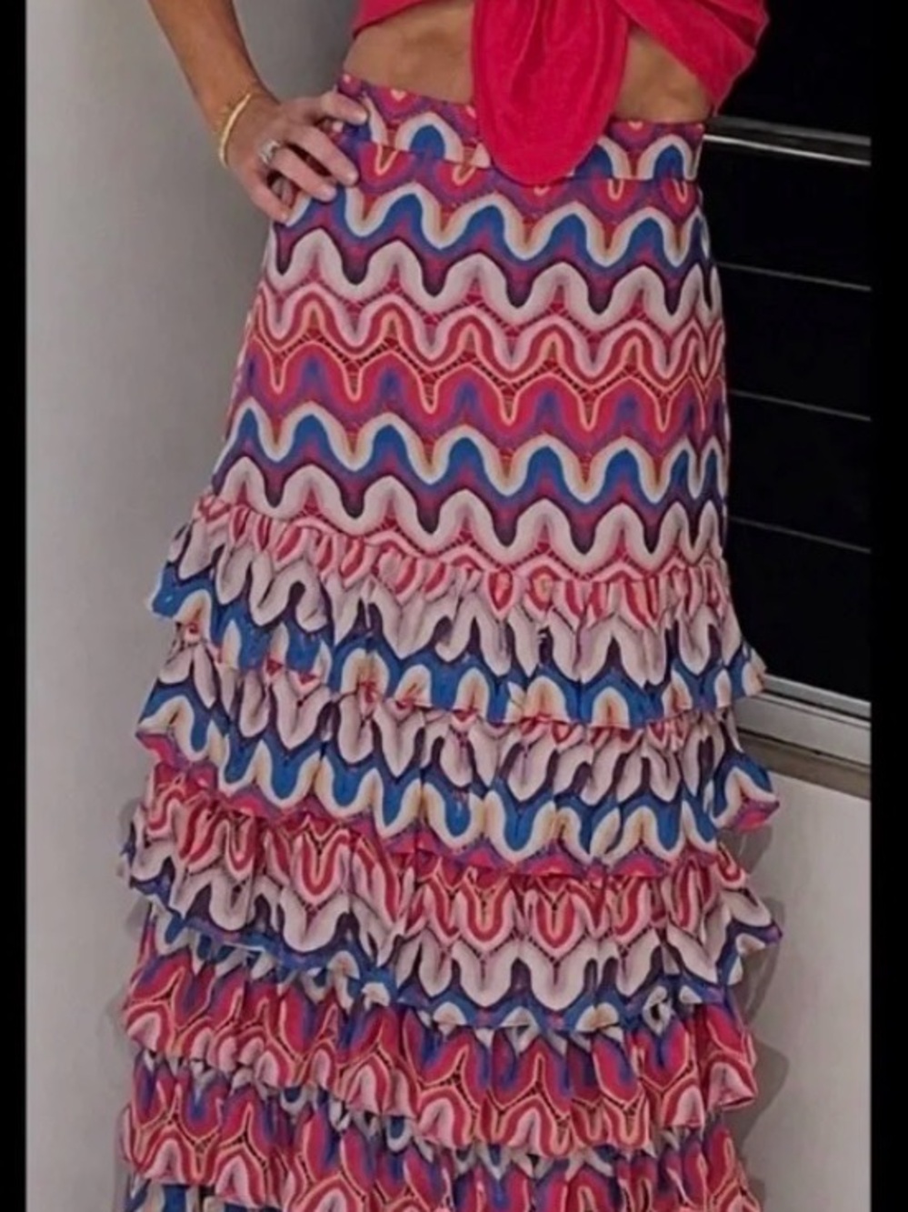 PatBO Pink and Blue Wavy Tiered Ruffle Maxi Skirt